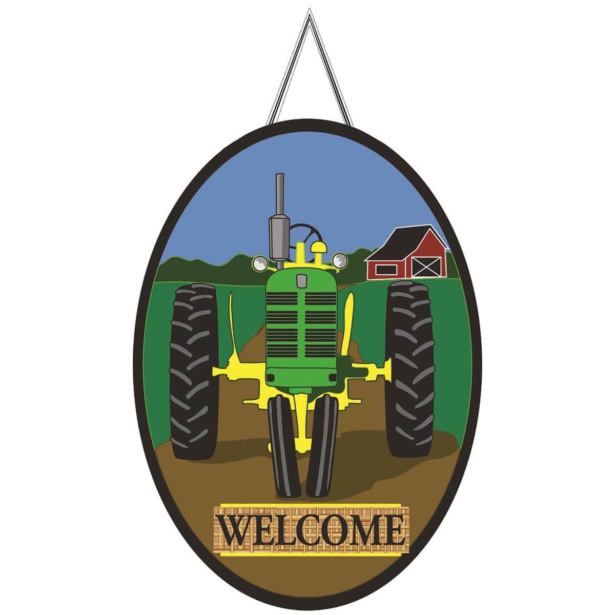 Burlap door banner with green tractor graphic hanging on a front door, rustic farmhouse everyday accent for country style entryways.
