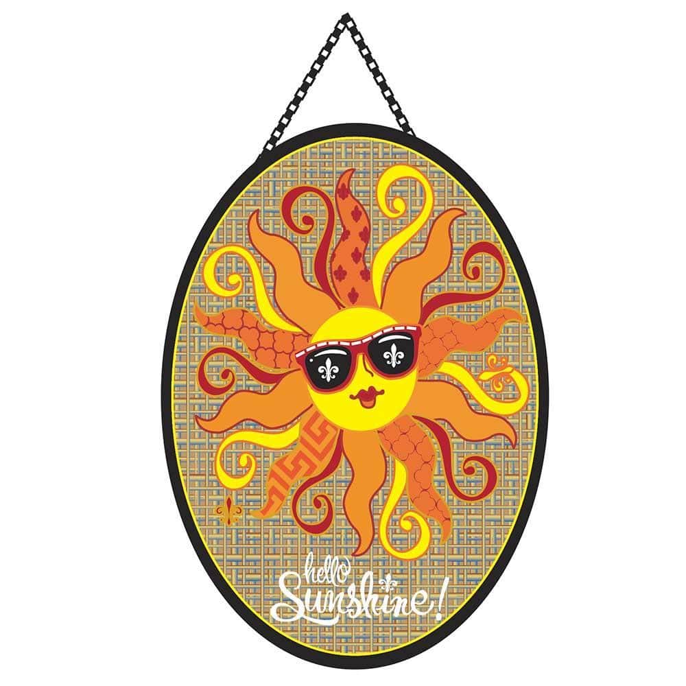 Door Banner Hello Sunshine hanging on a front door, cheerful greeting in bold type, weather resistant fabric, reinforced edges, slim vertical profile, easy to mount.