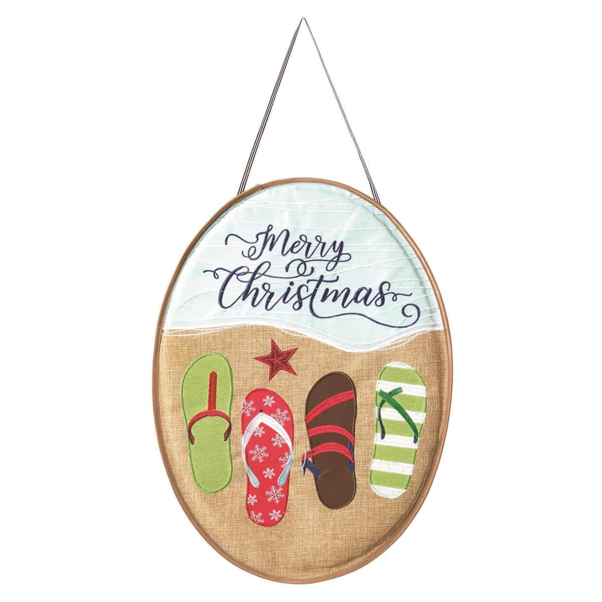 Vertical door banner with Merry Christmas sandals artwork in coastal red and green tones, festive entryway decor for front doors, porches, apartments, and halls.