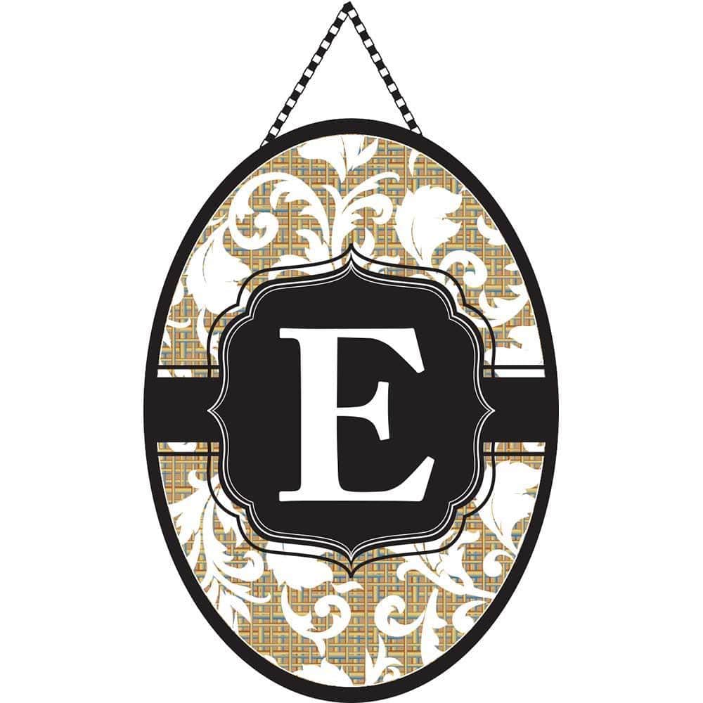 Front door with Door Banner Monogram-E showing a bold E initial on a rectangular everyday style banner hung on a porch with complementary accents.