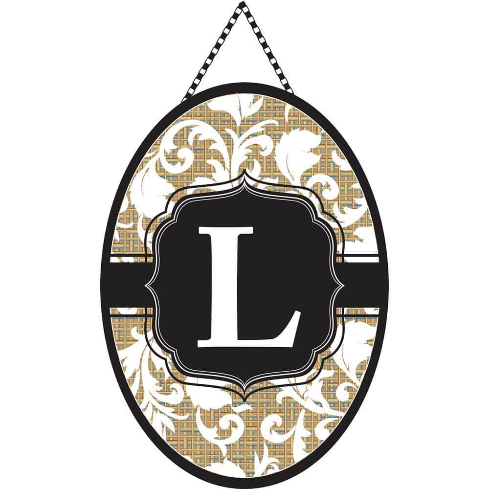 Front view of Door Banner Monogram-L personalized initial door banner hanging on a home entryway, showing classic monogram styling and neutral background suitable for everyday porch decor.