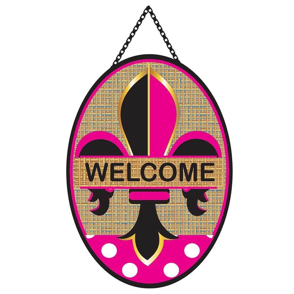 Pink fleur-de-lis door banner with 'Welcome' text on textured pink fabric displayed on an exterior white door, designed for easy hanging and everyday use