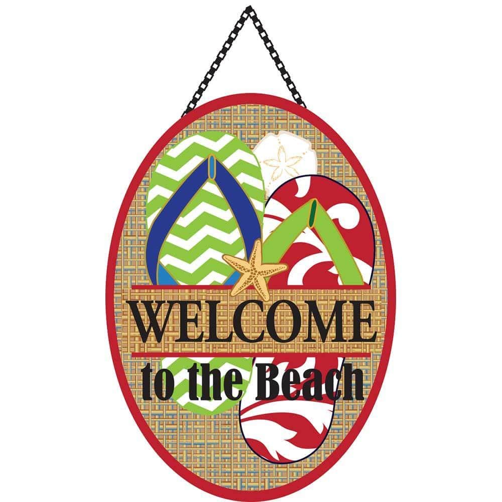 Alt text for main product image: Rustic Welcome To The Beach burlap door banner displayed on a coastal farmhouse front door with neutral planter accents and surf-inspired decor