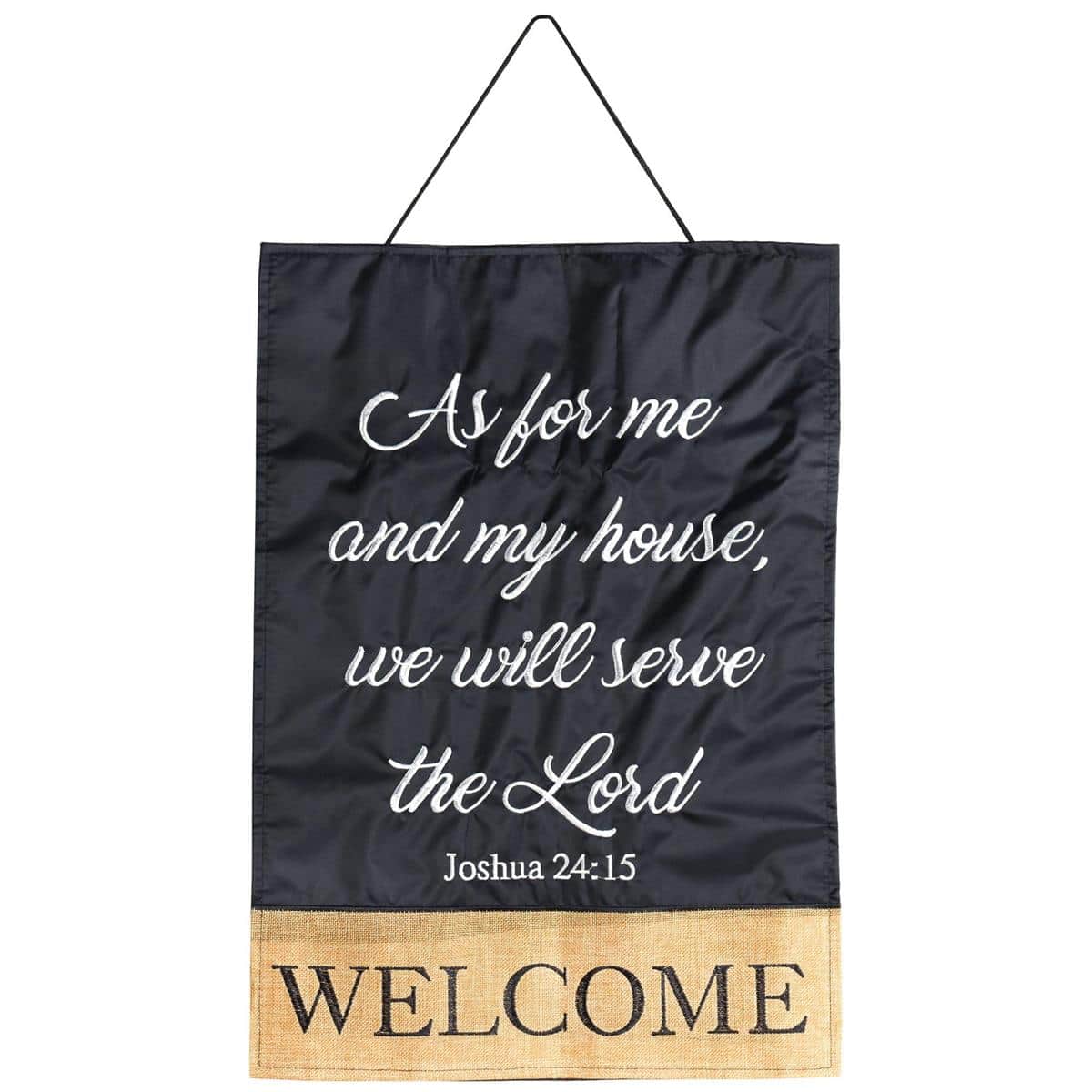 Close up of As For Me&My House Josh.24 scripture door hanger displayed on a front door, featuring bold scripture lettering on a neutral background and a sewn hanging sleeve for easy mounting.