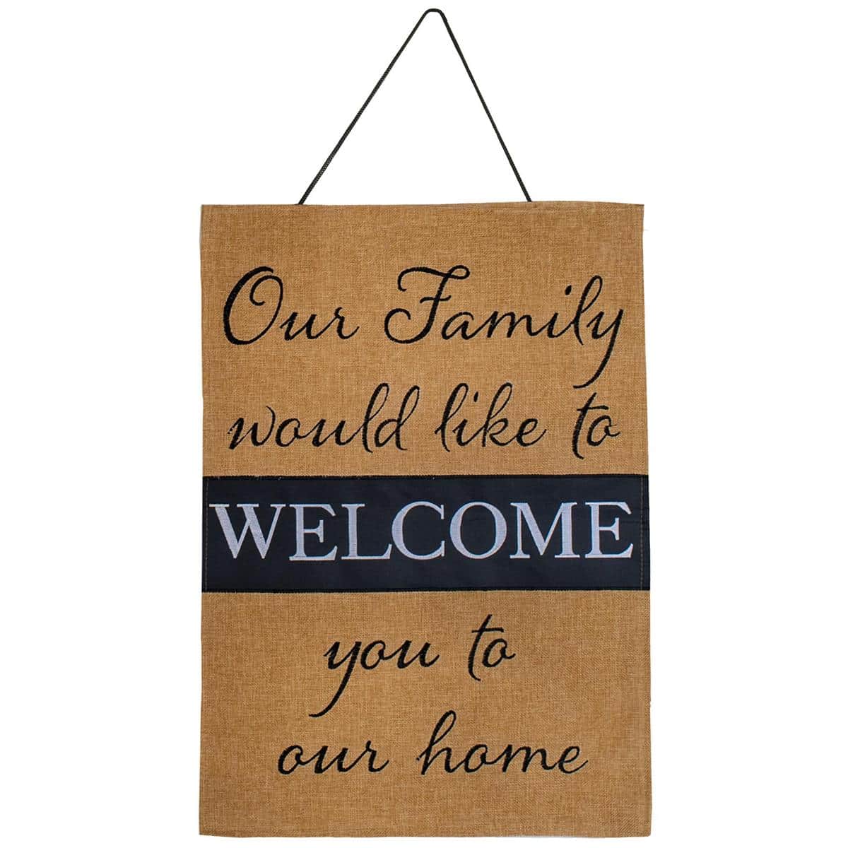 Close-up image of the Everyday style door hanger that reads 'Our Family Would Like To' hanging on a front door with a sewn top sleeve visible, neutral colors and clear typography for welcoming entryway decor.