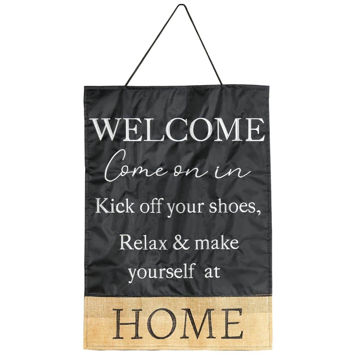Everyday door banner reading Welcome Come On In hanging on a front door entryway, neutral design for home, apartment, or office reception
