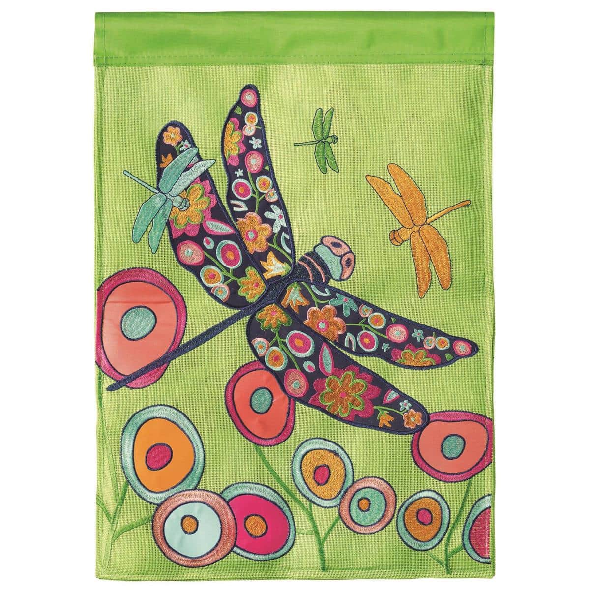 13x18 dragonflies burlap garden flag with layered double applique dragonfly and floral design on textured burlap, reinforced pole sleeve visible, vibrant accents against a natural burlap background