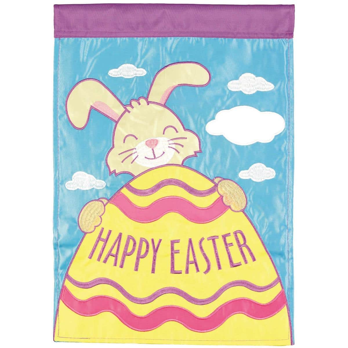 29x42 Easter Bunny banner flag with double applique pastel bunny, eggs and spring motifs suitable for porch or garden display on a standard flag pole.