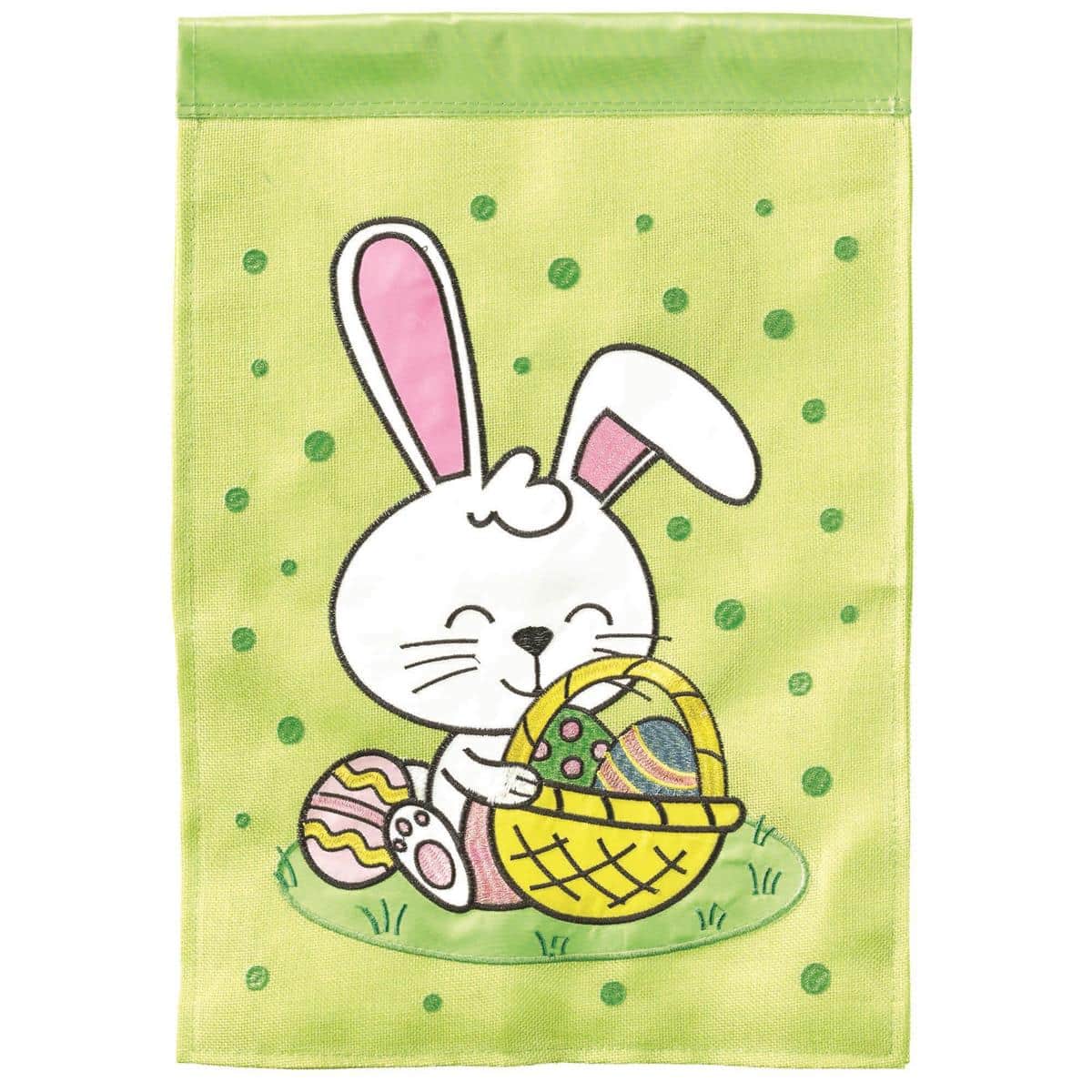 13x18 Easter Bunny burlap garden flag with double applique stitched bunny and spring floral accents on rustic burlap fabric