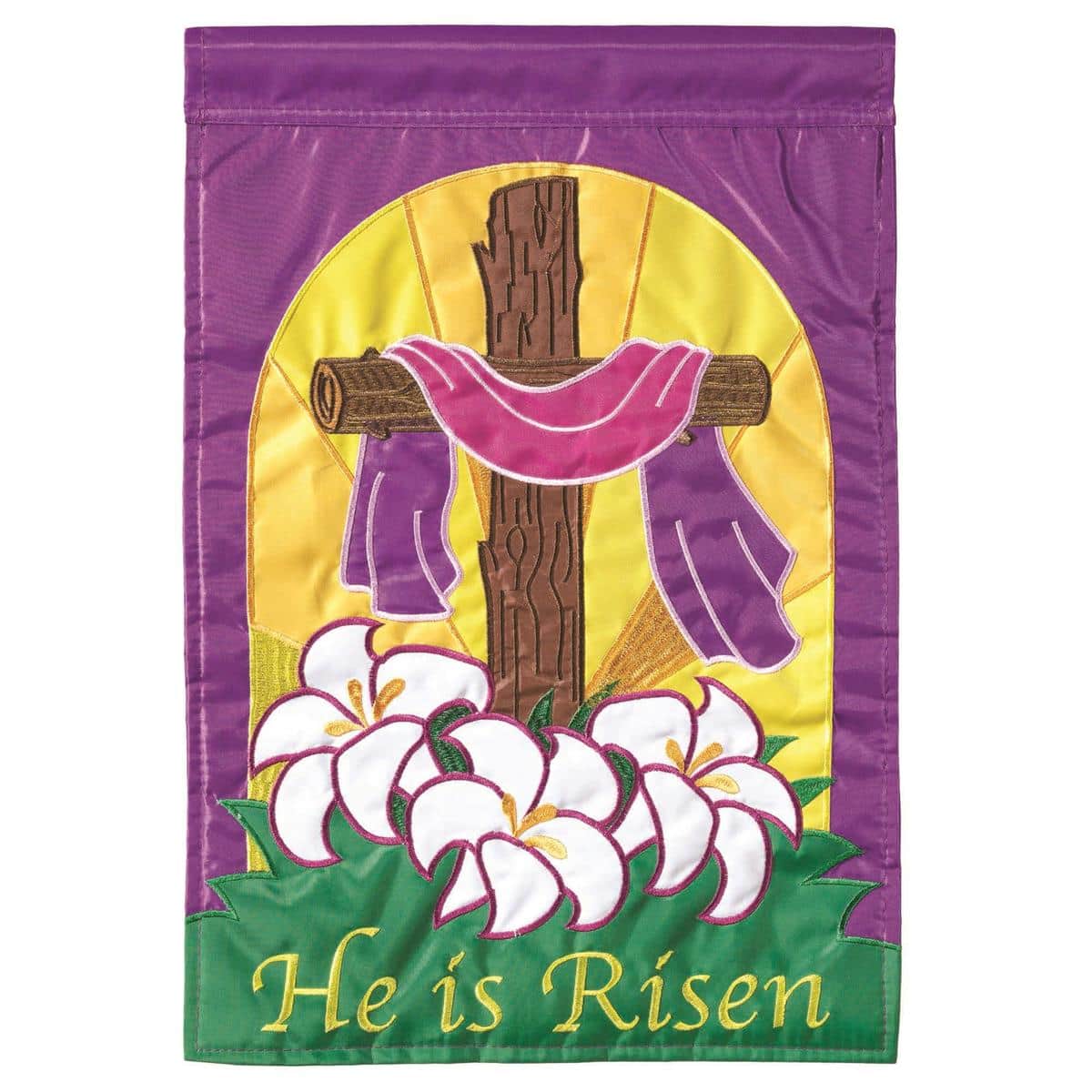 13x18 Easter Cross Risen garden flag with double-applique cross, "Risen" lettering and floral accents on pastel background shown on a metal garden flag stand.