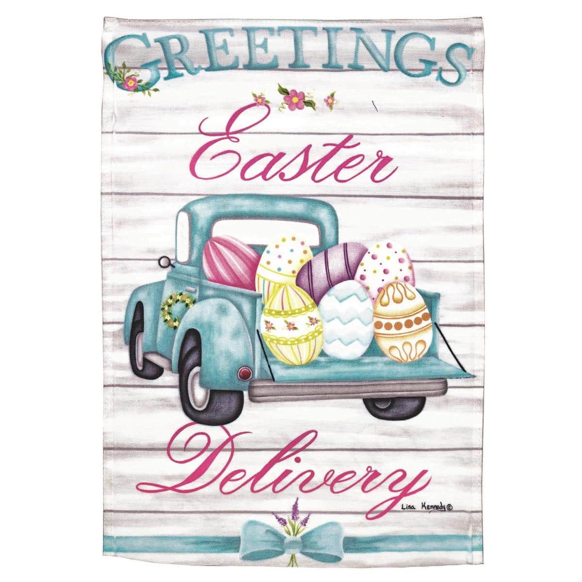 13x18 Easter garden flag showing a pastel delivery truck filled with eggs and spring flowers, designed for display on a yard flagpole or near a front porch.