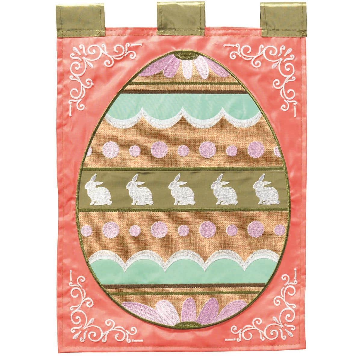 13x18 Easter burlap garden flag with double applique embroidered eggs in pastel colors on a rustic burlap background displayed on a garden pole stand