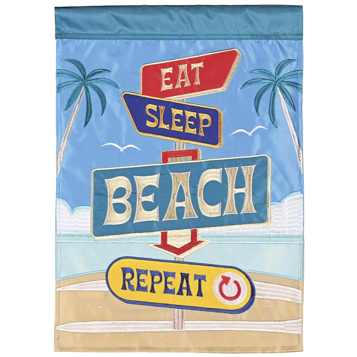 Front view of Eat Sleep Beach Repeat double applique outdoor flag displaying layered beach icons, waves, sun, flip-flops and bold Eat Sleep Beach Repeat lettering in vibrant coastal colors on durable polyester fabric.
