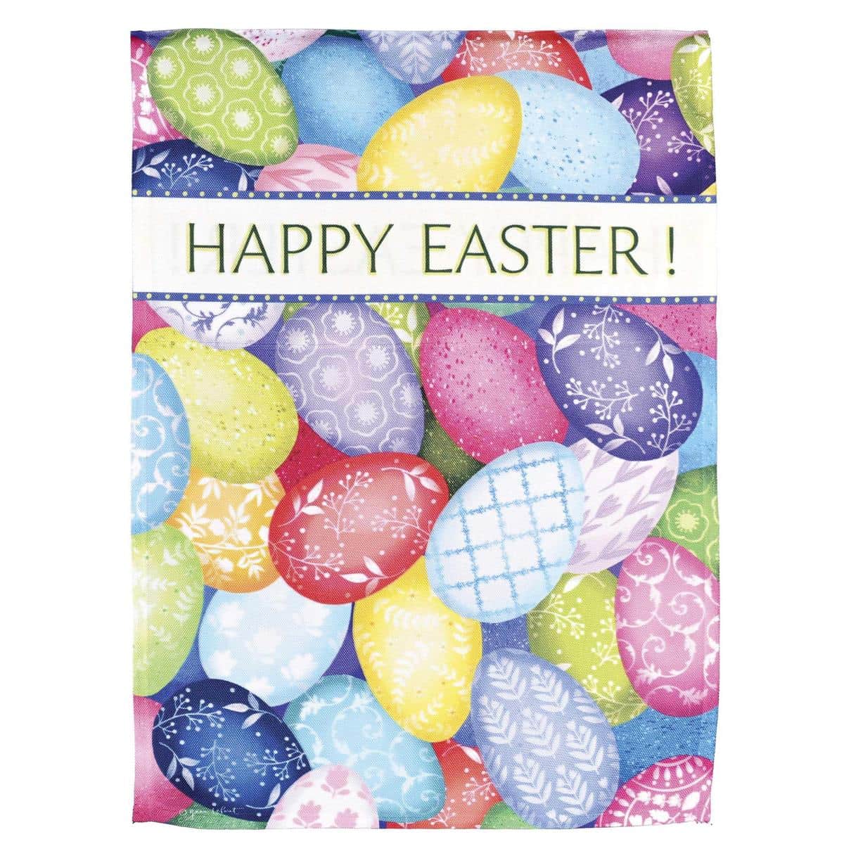 13x18 Eggs Happy Easter Garden Flag featuring printed pastel egg pattern and Happy Easter text, outdoor spring yard decoration with top sleeve on stand.