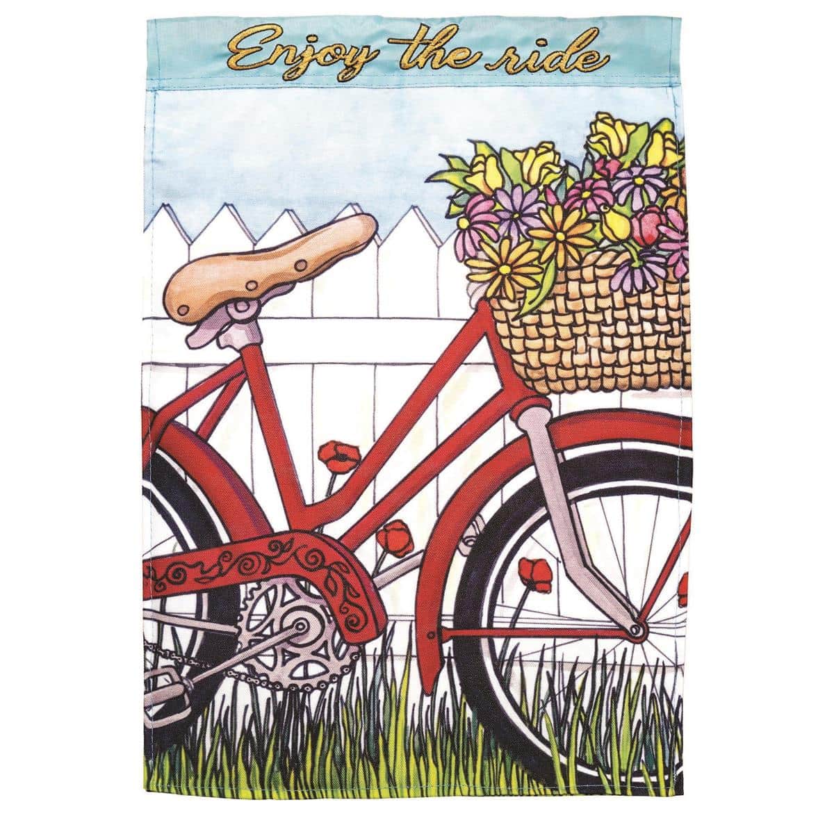 13x18 Enjoy The Ride Garden Flag in everyday style, premium double applique plus construction, vibrant colors, double sided message, outdoor yard display