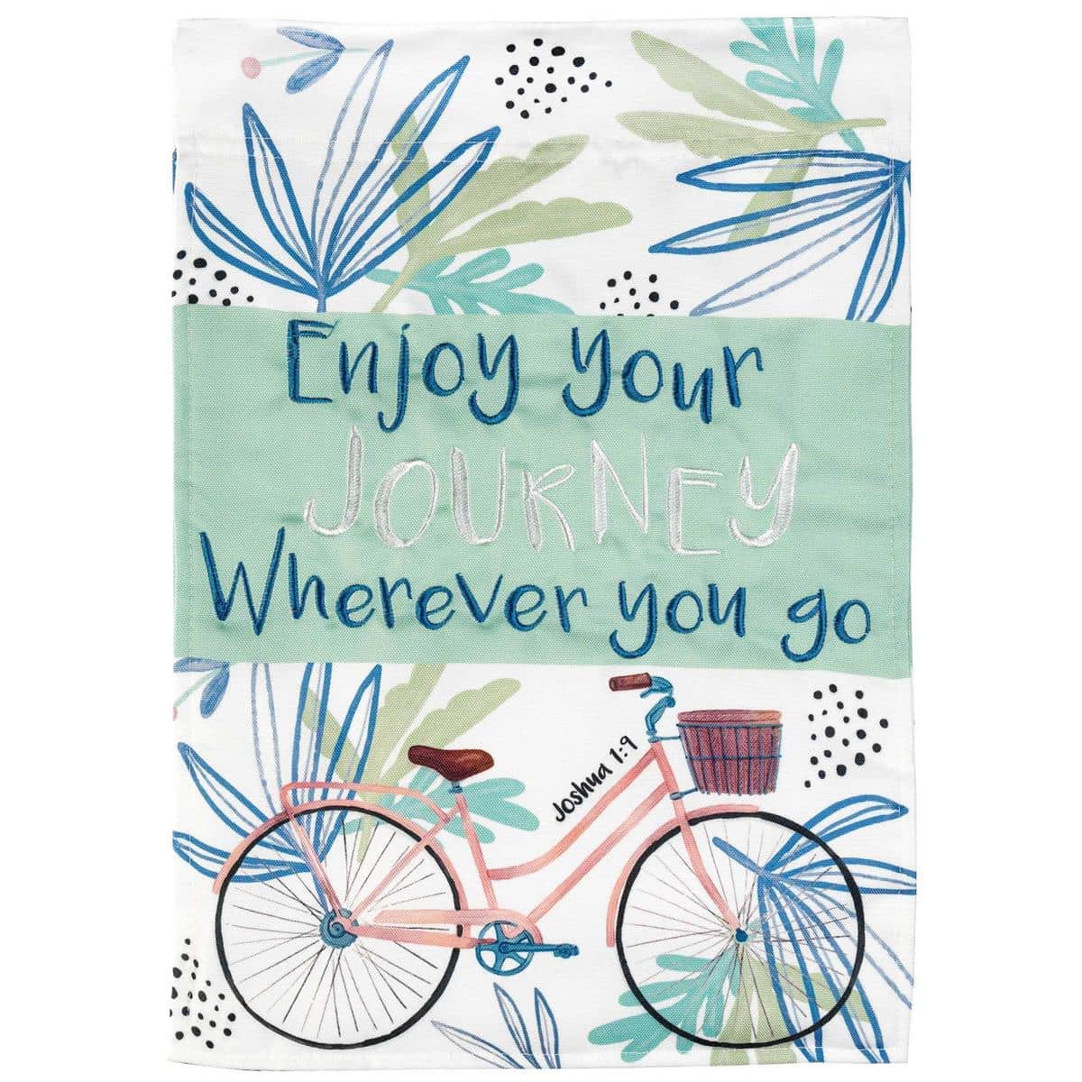 13x18 double-applique bicycle garden flag featuring the phrase "Enjoy Your Journey" with layered fabric accents and visible bicycle graphic for porch and garden display