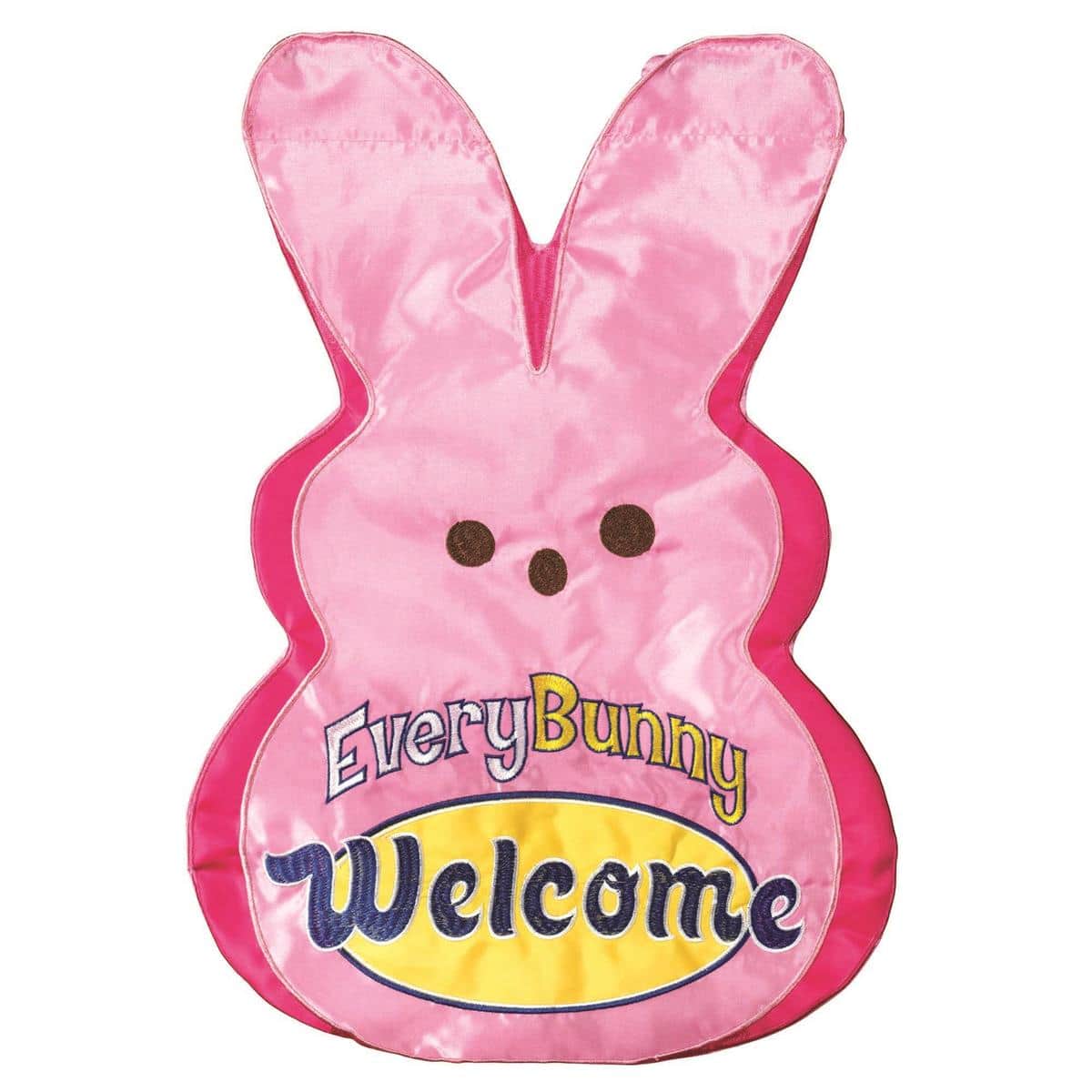Double applique Easter garden flag reading Every Bunny Welcome with layered bunny art, pastel accents, and two-sided design on 13x18 fabric, fits standard garden stand.