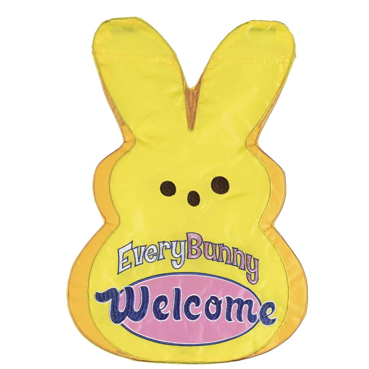 Every Bunny Welcome Yellow Garden Flag, 13x18, double applique Easter yard decor with cheerful bunny motif on bright yellow background for outdoor display.