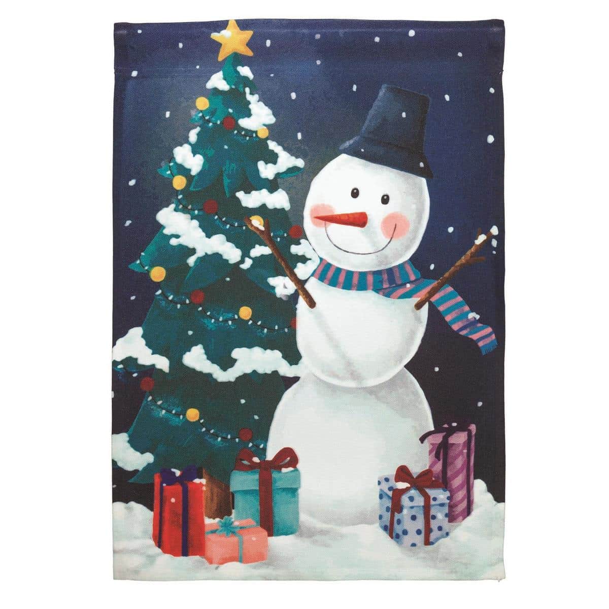 Outdoor printed garden flag featuring a smiling snowman beside a decorated evergreen tree on a snowy background for porch, lawn, or garden display.