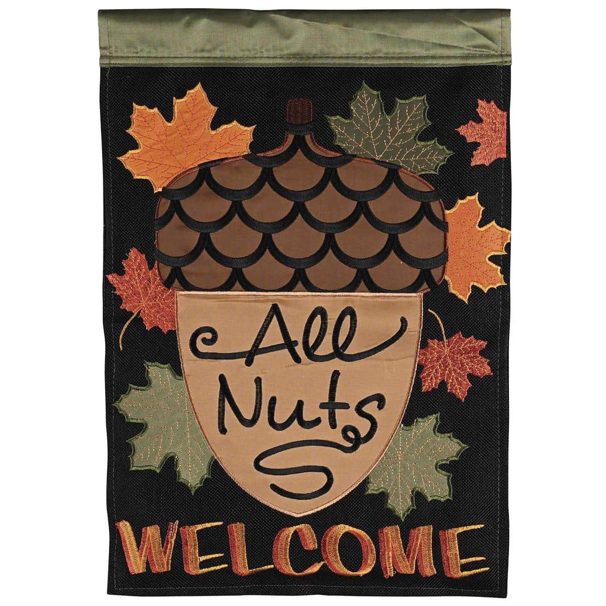 13x18 Fall Acorn All Nuts Welcome garden flag with layered applique, embroidered acorns, leaves, and a centered 'Welcome' greeting in warm brown and rust tones, shown mounted on a standard garden flag pole