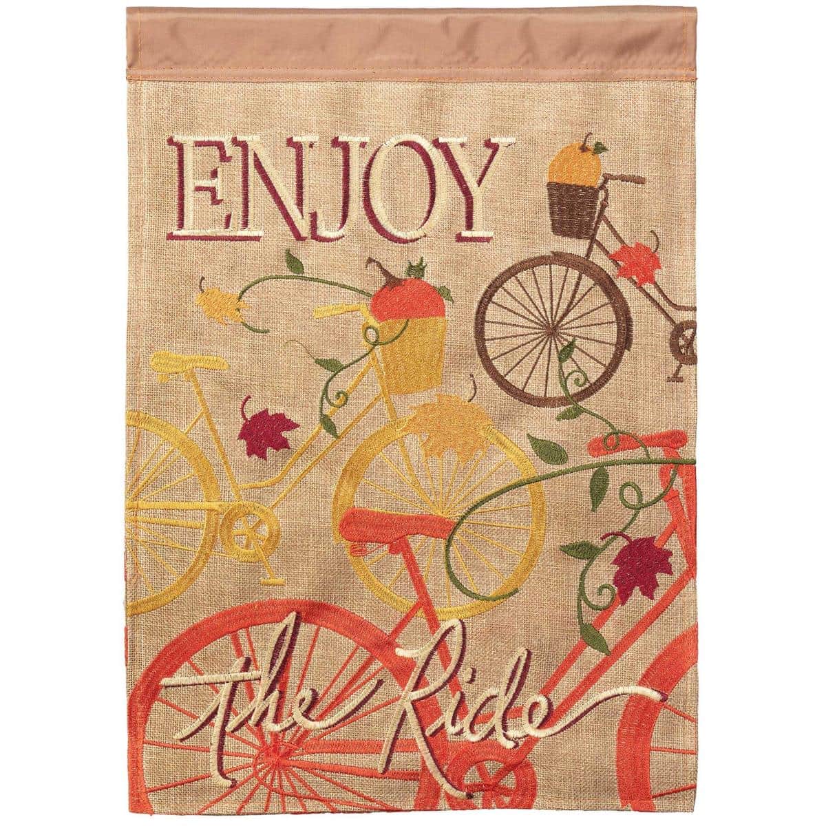 13x18 burlap garden flag featuring a layered double applique bicycle motif with "Enjoy Ride" lettering and autumn leaf accents displayed on a garden pole