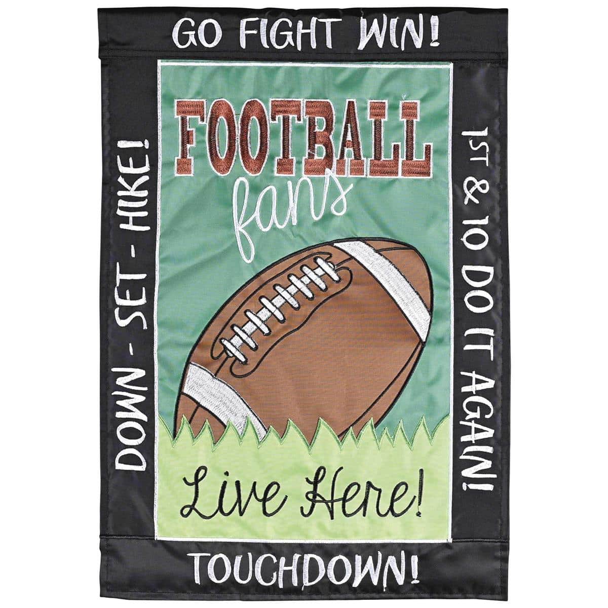 13x18 Fall Football Fans Live Here double applique garden flag featuring a football graphic and autumn leaves, perfect for porch or yard display.