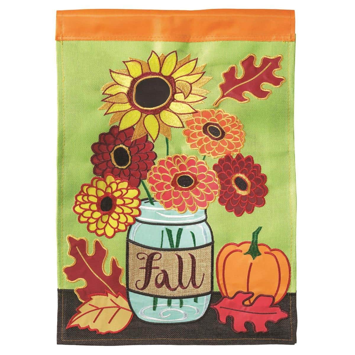 13x18 Fall Mason Jar Burlap Garden Flag showing a mason jar motif with layered applique and burlap texture, perfect for a rustic autumn porch or garden display.