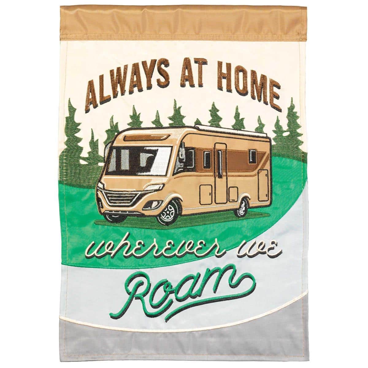 13x18 Fall garden flag featuring a layered applique motorhome illustration with the phrase "Always At Home", warm autumn leaves and pumpkins, ideal for RV porches, yard stake display, and campsite decor.