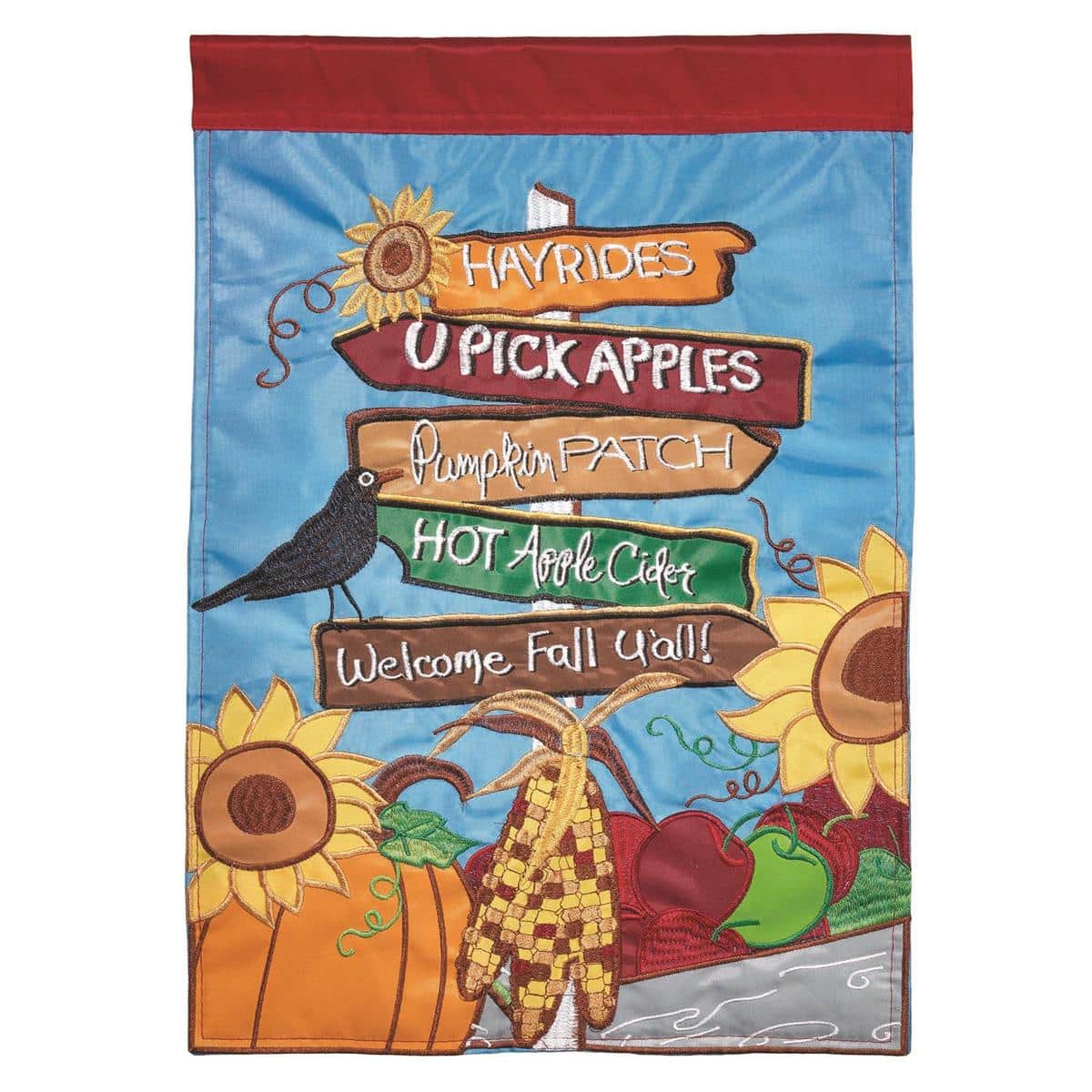 Autumn garden flag 13x18 featuring layered double applique fall signs, leaves, and acorns on rustic textures, displayed on a standard metal flag stand.