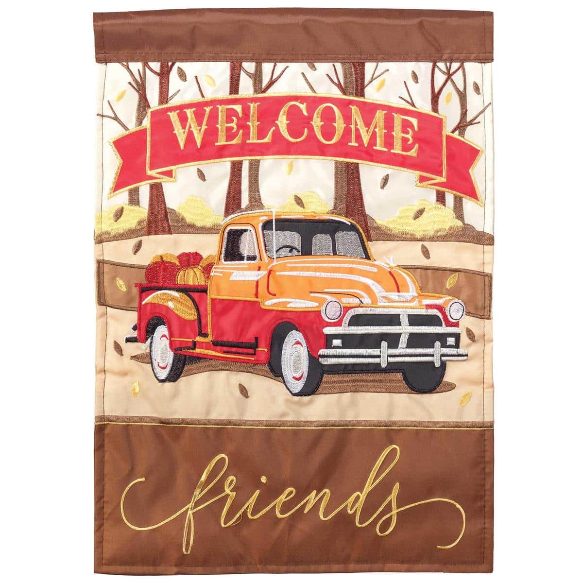 29x42 Fall Truck Welcome Banner Flag showing a vintage pickup truck filled with pumpkins and autumn leaves in layered double applique detail, designed for porch or garden pole display, rustic farmhouse welcome decor.
