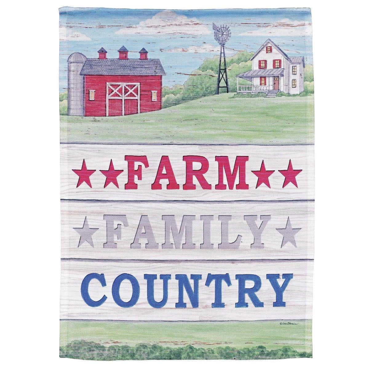13x18 Farm Family Country printed garden flag showing rustic farmhouse typography and country motifs designed for porch flagpole display and outdoor decor.