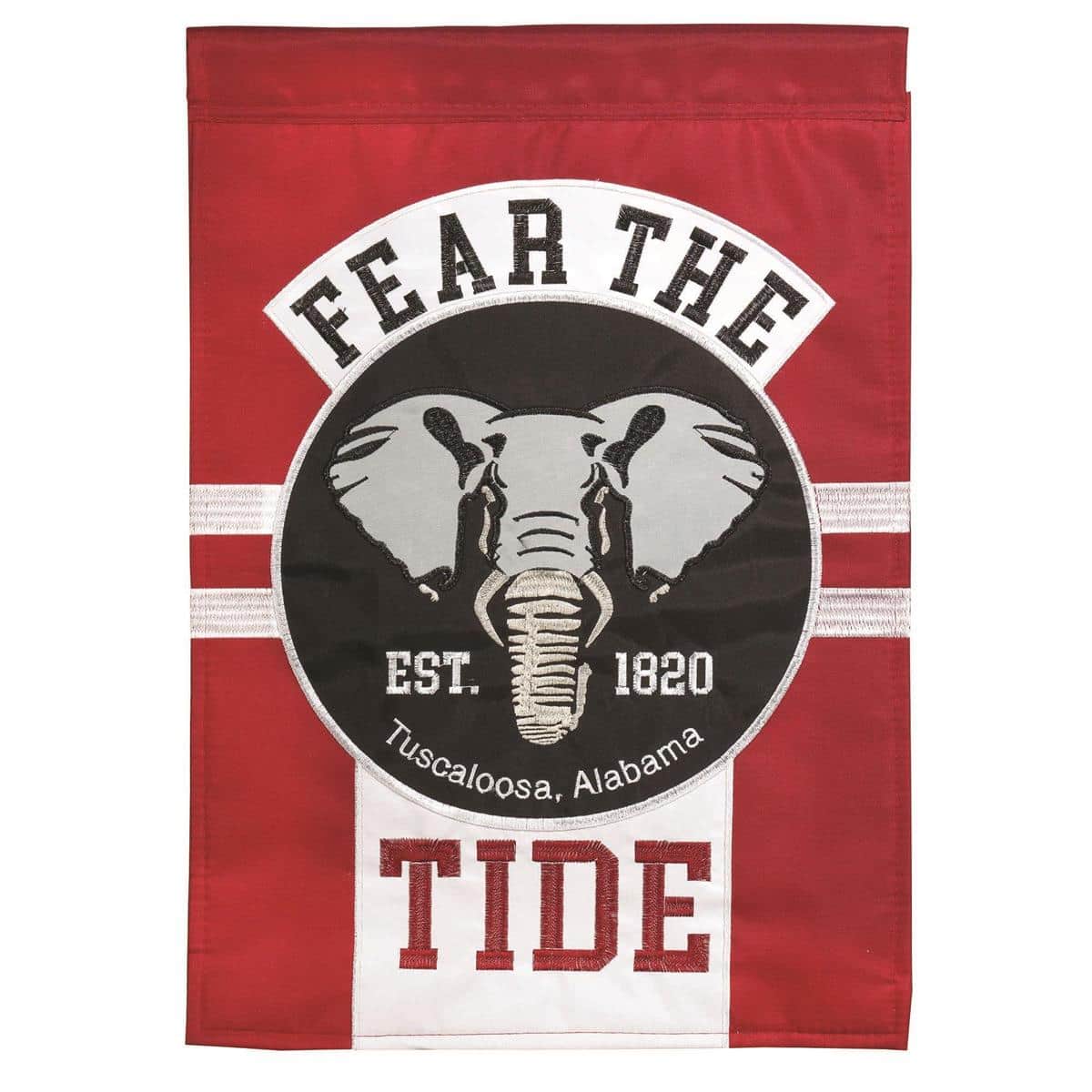 13x18 Fear The Tide garden flag on black metal garden pole, bold team-style lettering and layered double applique textures against green lawn background.