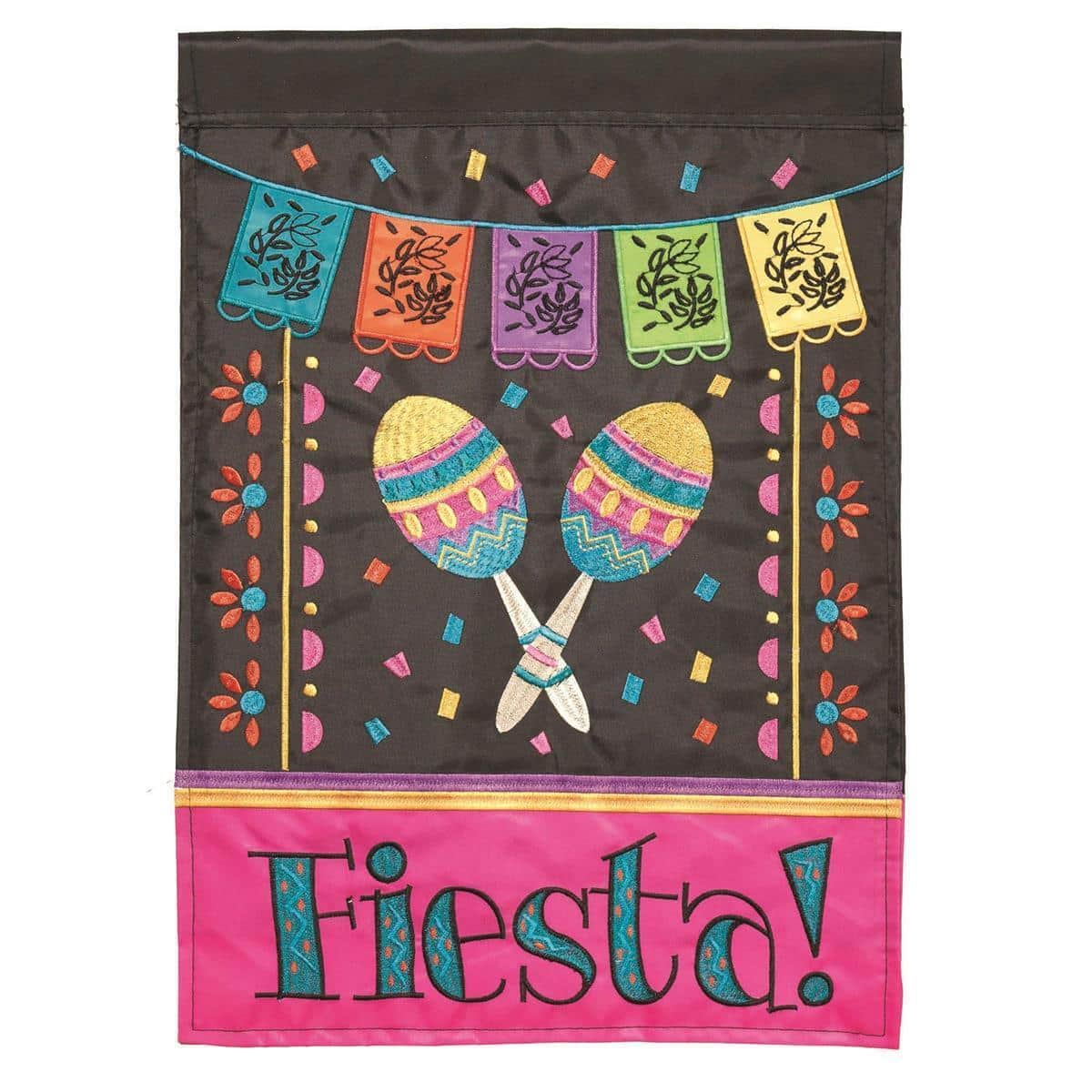 Fiesta Banner Flag 29x42 Mardi Gras double applique banner flag featuring layered masks, beads, and fleur-de-lis in purple, green and gold, shown hanging from a porch pole for a festive porch display