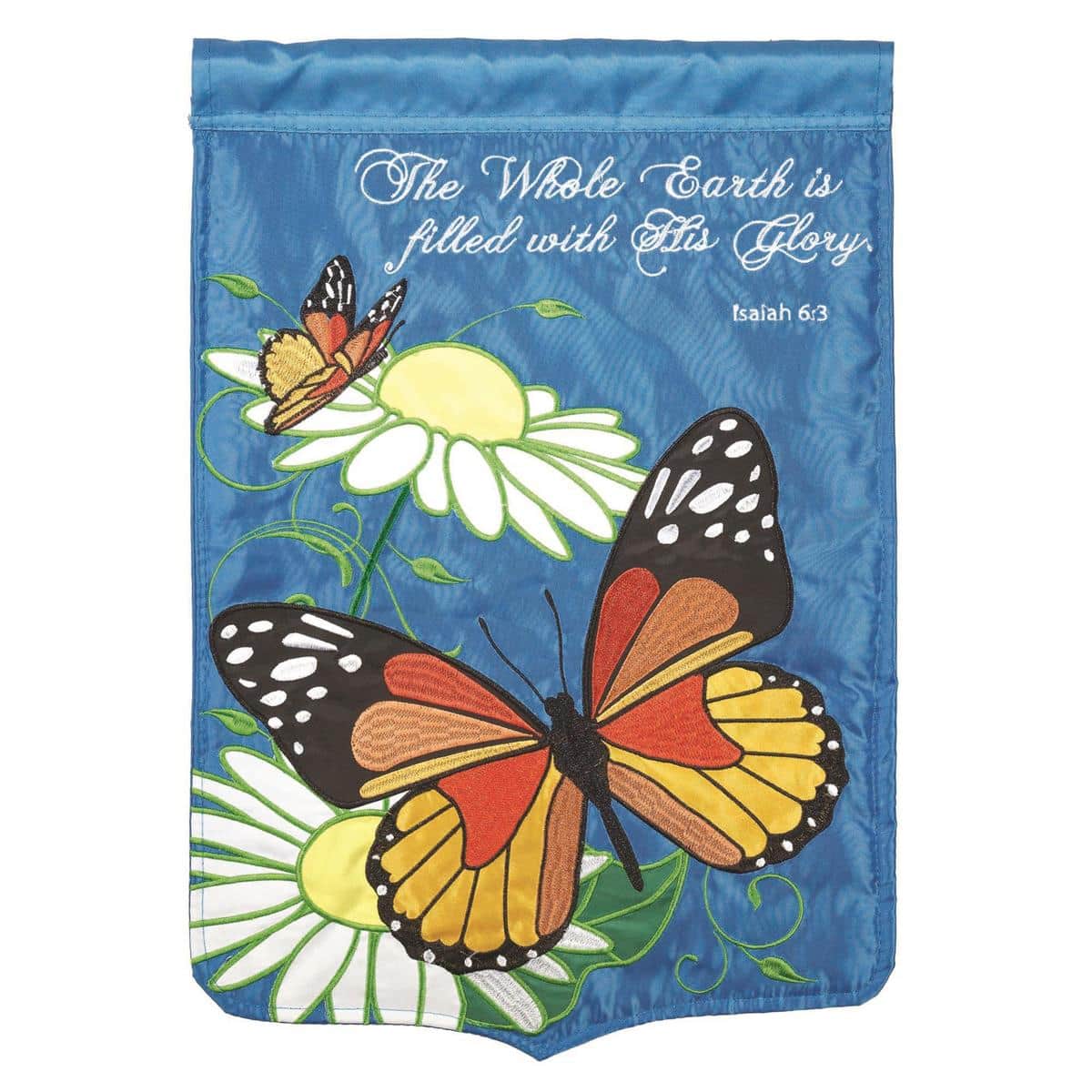 Image of Filled With His Glory 13x18 garden flag showing layered double applique butterflies and script faith message for outdoor garden display