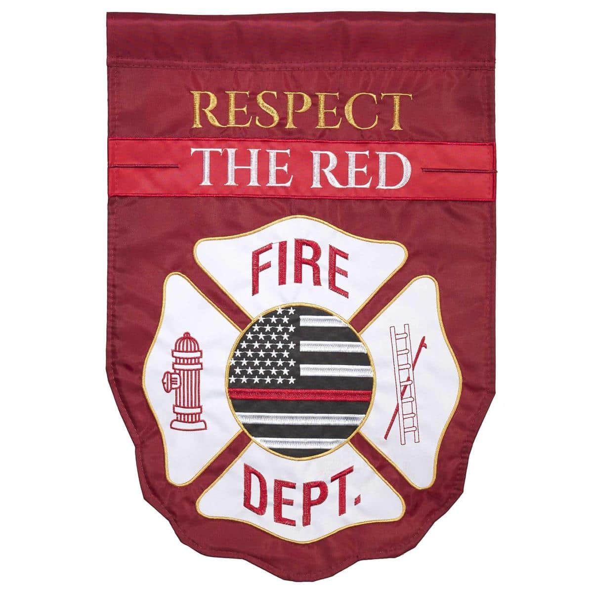 13x18 firefighter garden flag with layered double applique Maltese cross and American flag accents displayed on a garden pole in front of a porch, honoring first responders.