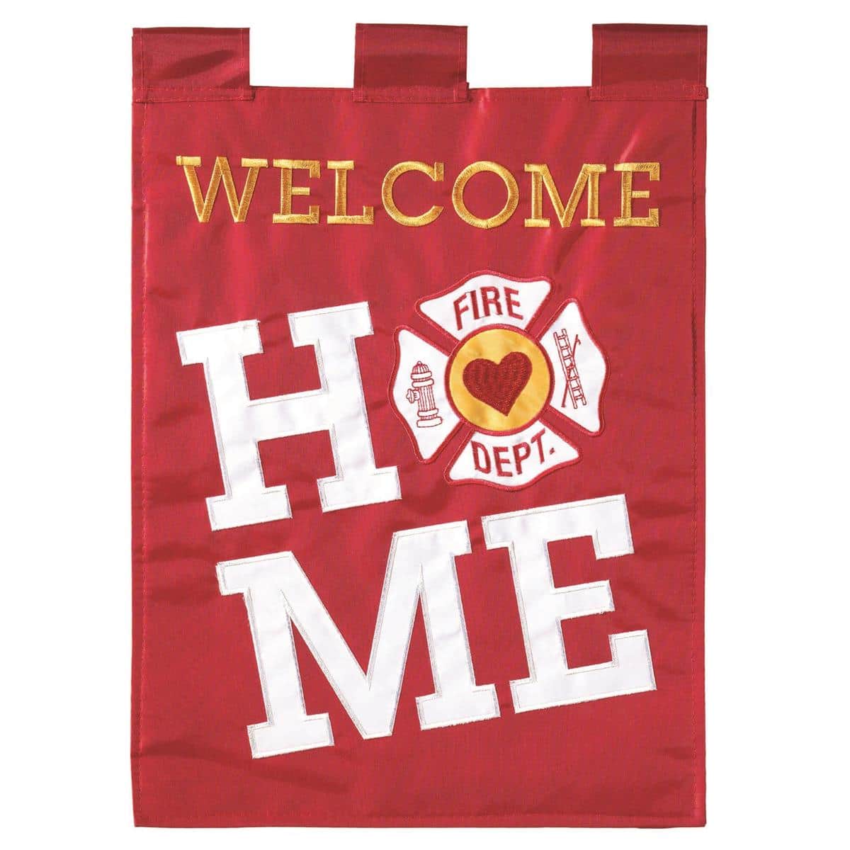 Patriotic Firefighter Welcome garden flag 13x18 with firefighter insignia, stars and stripes accents, double applique, two-sided design on a garden stand