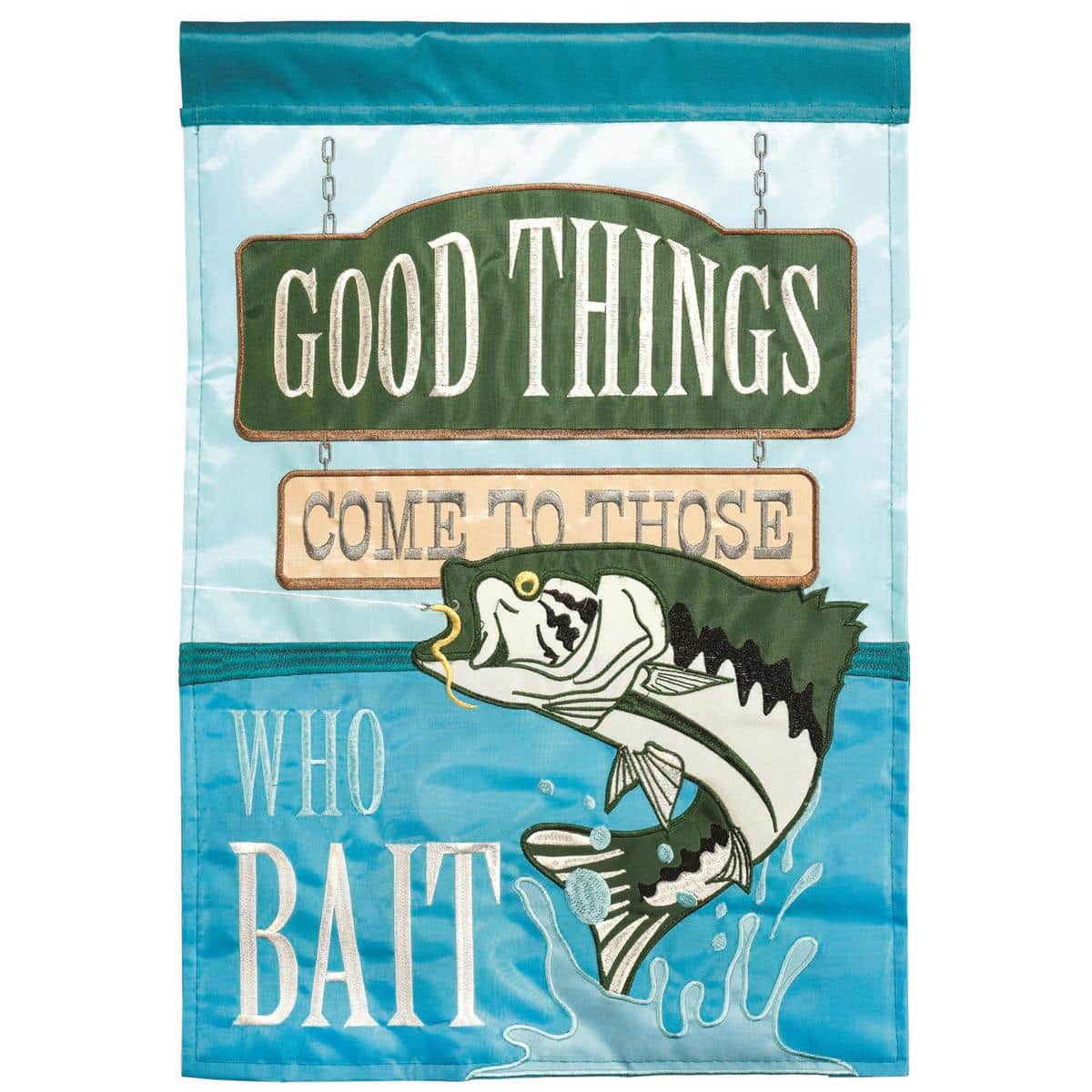 13x18 Fish Good Things Come double applique garden flag with colorful leaping fish and waterfront accents displayed on a porch pole.