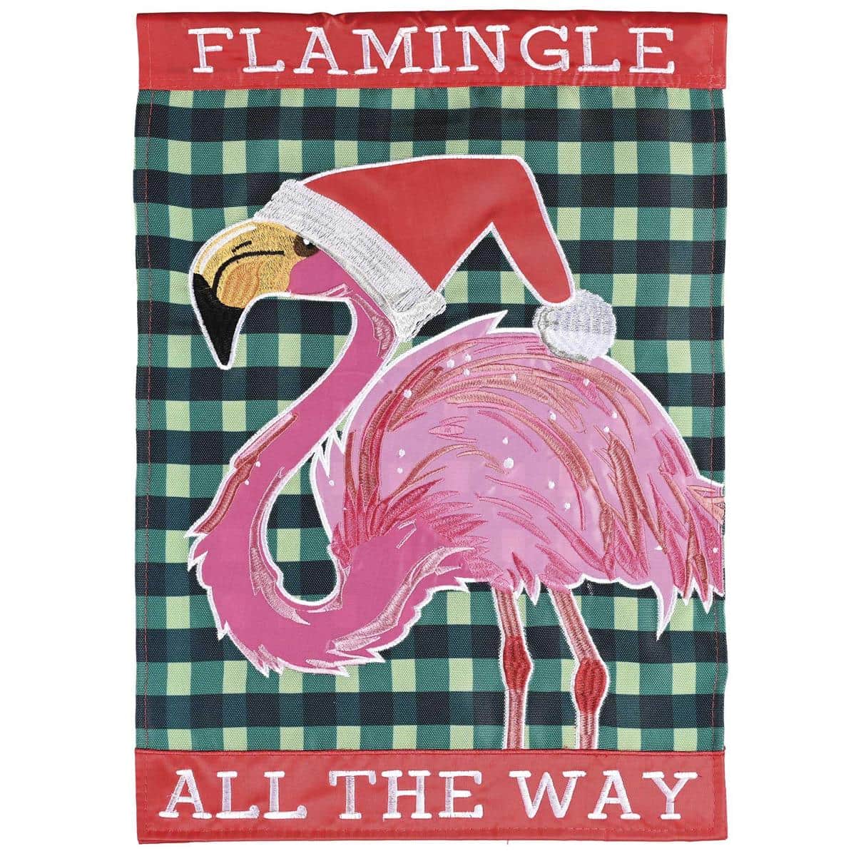 Flamingle All Way Flamingo garden flag showing layered pink flamingo appliques with embroidered accents against tropical foliage, designed for porch or yard display on a standard flagpole or garden stake.
