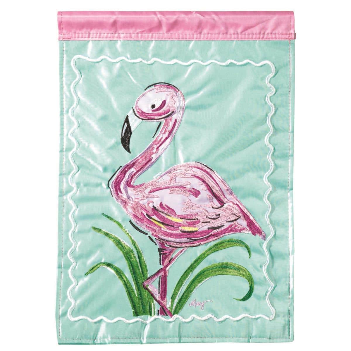 13x18 flamingo garden flag double applique showing a pink flamingo silhouette on a colorful background with layered fabric accents, fits standard garden flag stand.