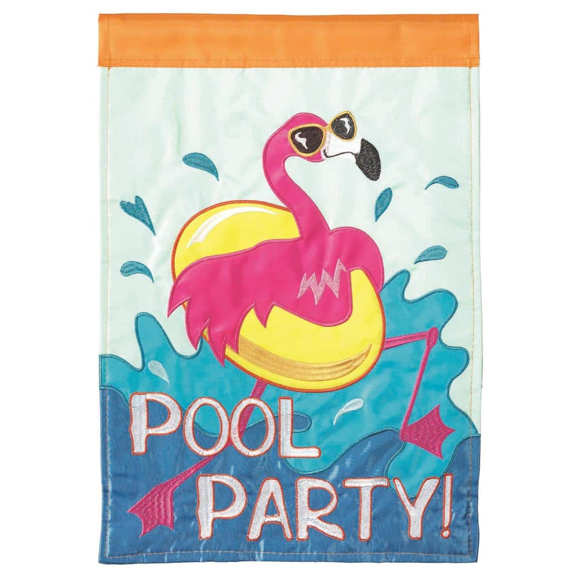 13x18 Flamingo Pool Party garden flag with double applique flamingos over a playful pool motif, vivid summer colors, and a sturdy sleeve for standard stands.