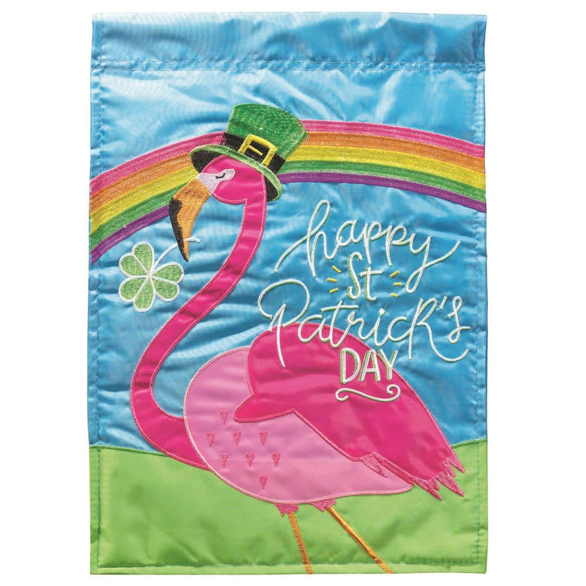 Flamingo St Patricks Day 13x18 garden flag showing a pink flamingo in a green hat with shamrocks, premium double applique layers, and readable artwork on both sides.