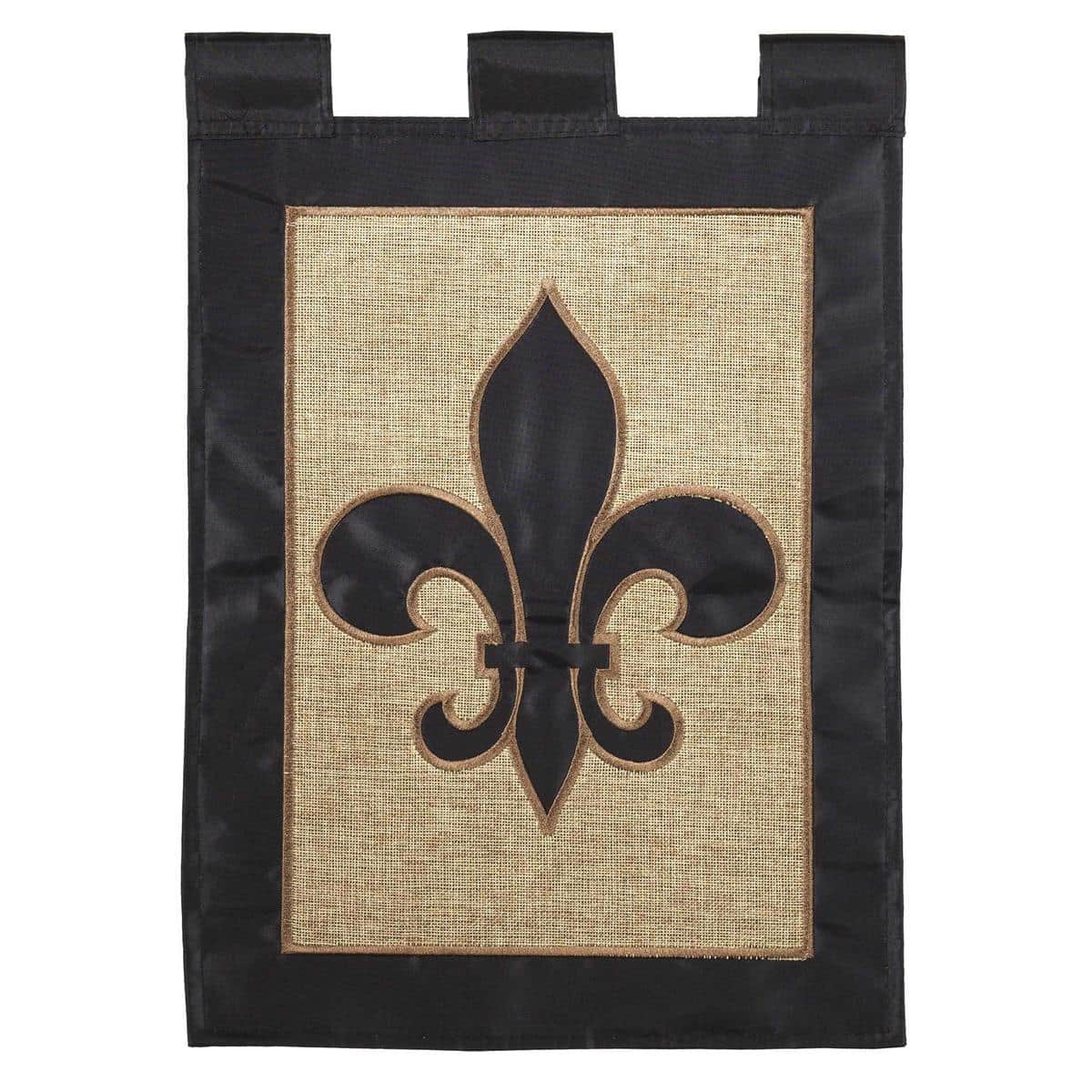 13x18 Fleur-De-Lis black burlap garden flag with double applique fleur-de-lis motif hanging on a metal garden flag pole beside a brick porch and potted greenery