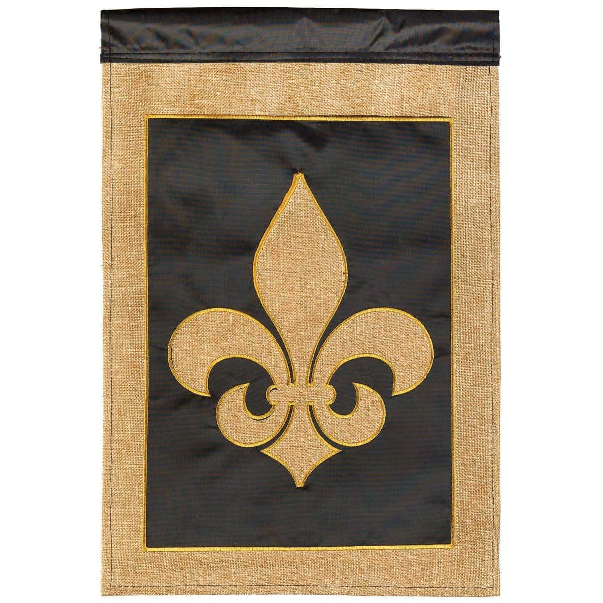 13x18 fleur-de-lis burlap garden flag with layered double applique, rustic texture, reinforced pole sleeve, ideal for porch or flower bed display.