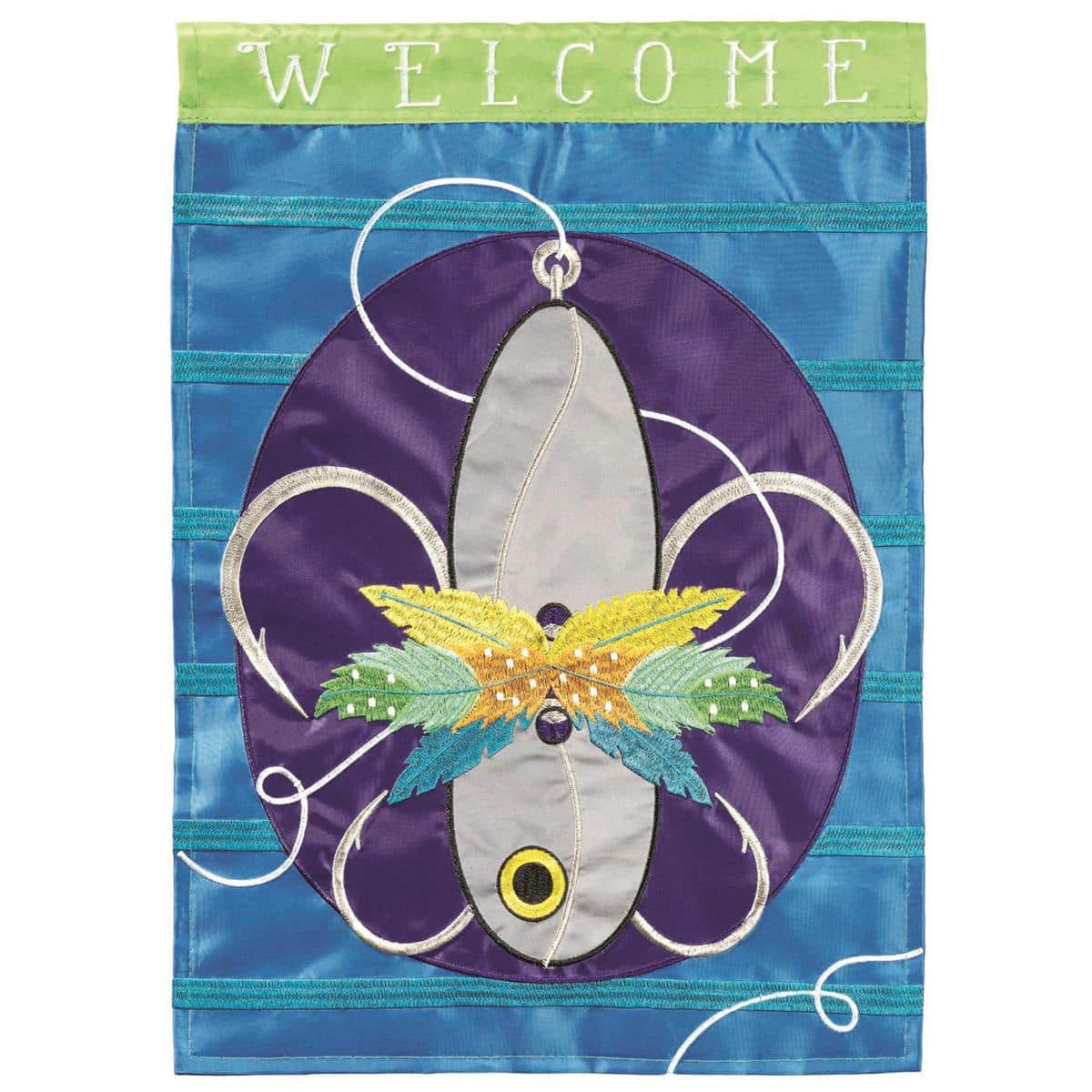 13x18 Fleur-De-Lis Fishing Lure garden flag in double applique detail showing fleur-de-lis emblem, fishing lure motif, layered fabric textures, and reinforced hanging sleeve.