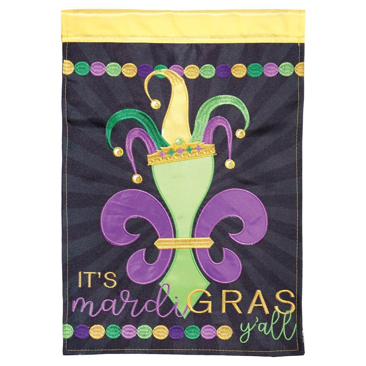 LA-MardiGras 29x42 house banner with fleur de lis and jester hat, double applique plus, purple green gold, two-sided design with pole sleeve