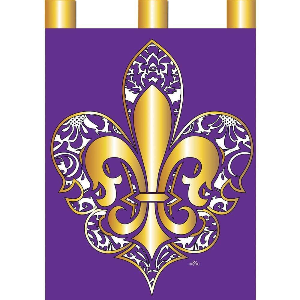 Purple and gold fleur-de-lis double applique 29 x 42 banner flag displayed on a front porch with pole sleeve, layered stitching and deep, vivid colors.