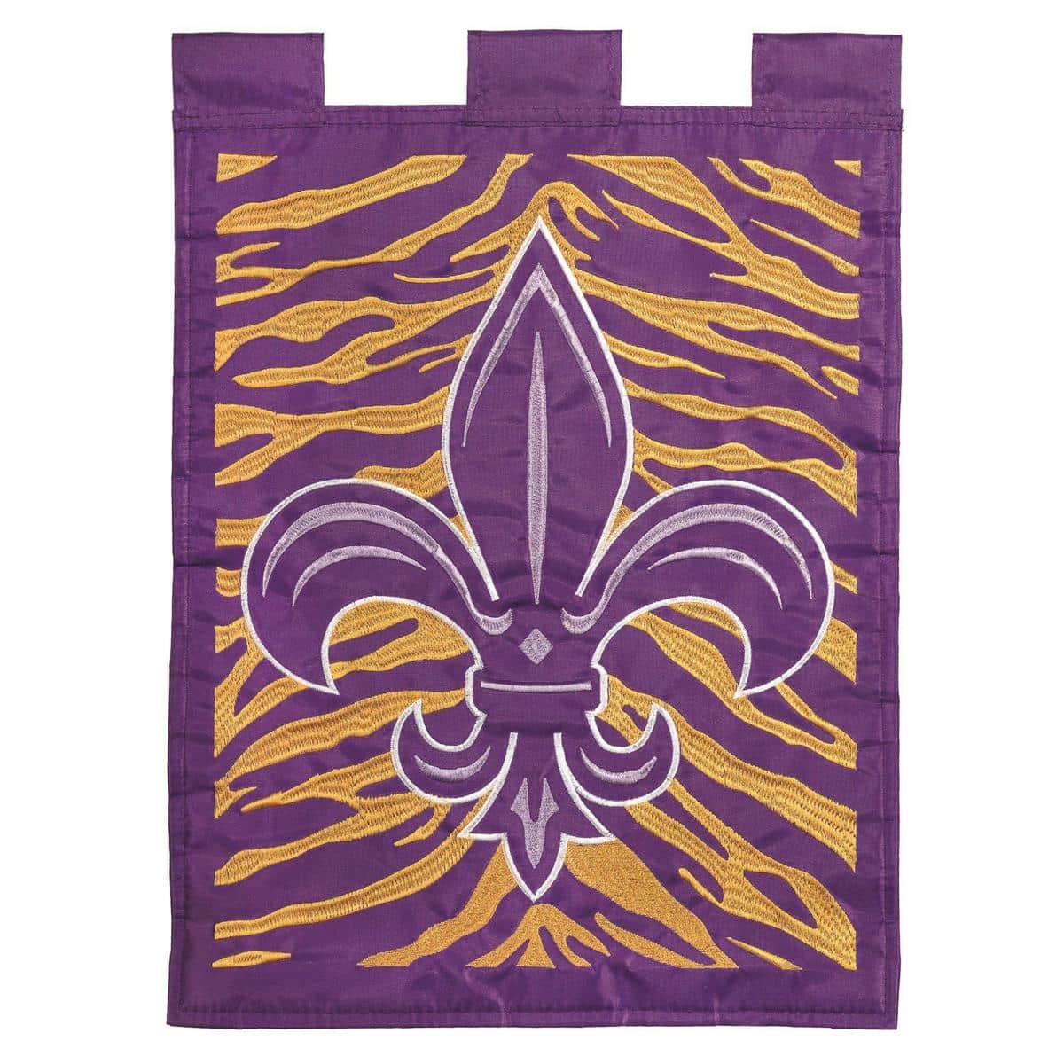 Close-up of the Fleur-De-Lis Tiger 13x18 garden flag showing the double applique tiger and fleur-de-lis motifs, detailed embroidery, reinforced sleeve, and durable polyester fabric on display on a garden flag pole with greenery in the background