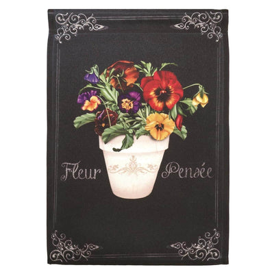 French-inspired Fleur Pensee 30x44 pansy floral printed banner flag on a house pole, rich purple and gold blossoms with green leaves, outdoor porch setting.