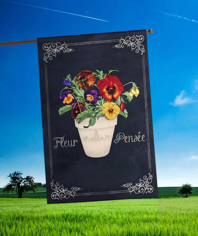 French-inspired Fleur Pensee 30x44 pansy floral printed banner flag on a house pole, rich purple and gold blossoms with green leaves, outdoor porch setting.