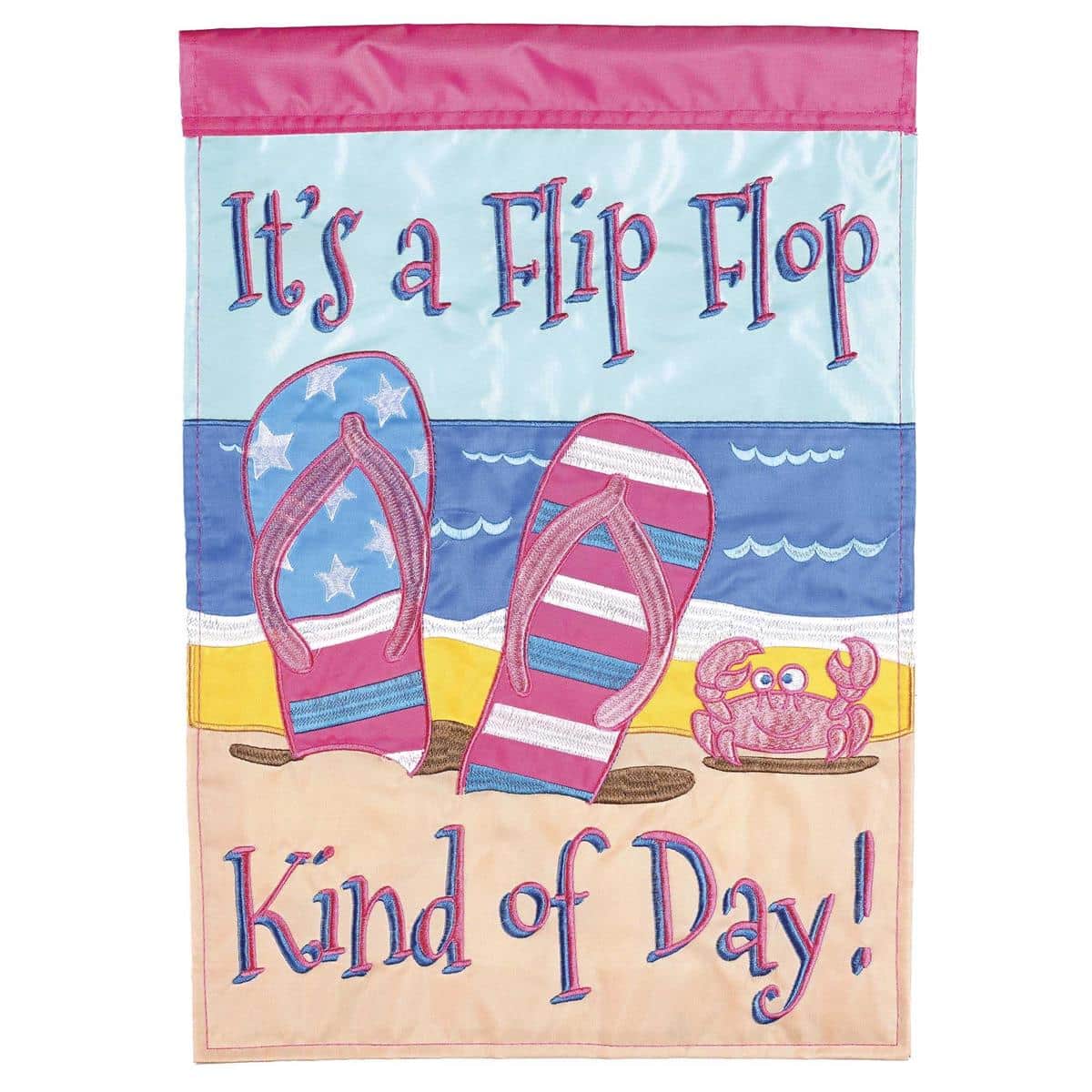 Colorful flip flop double applique garden flag, 13 x 18, two sided coastal design with playful lettering, hanging on a standard yard stand
